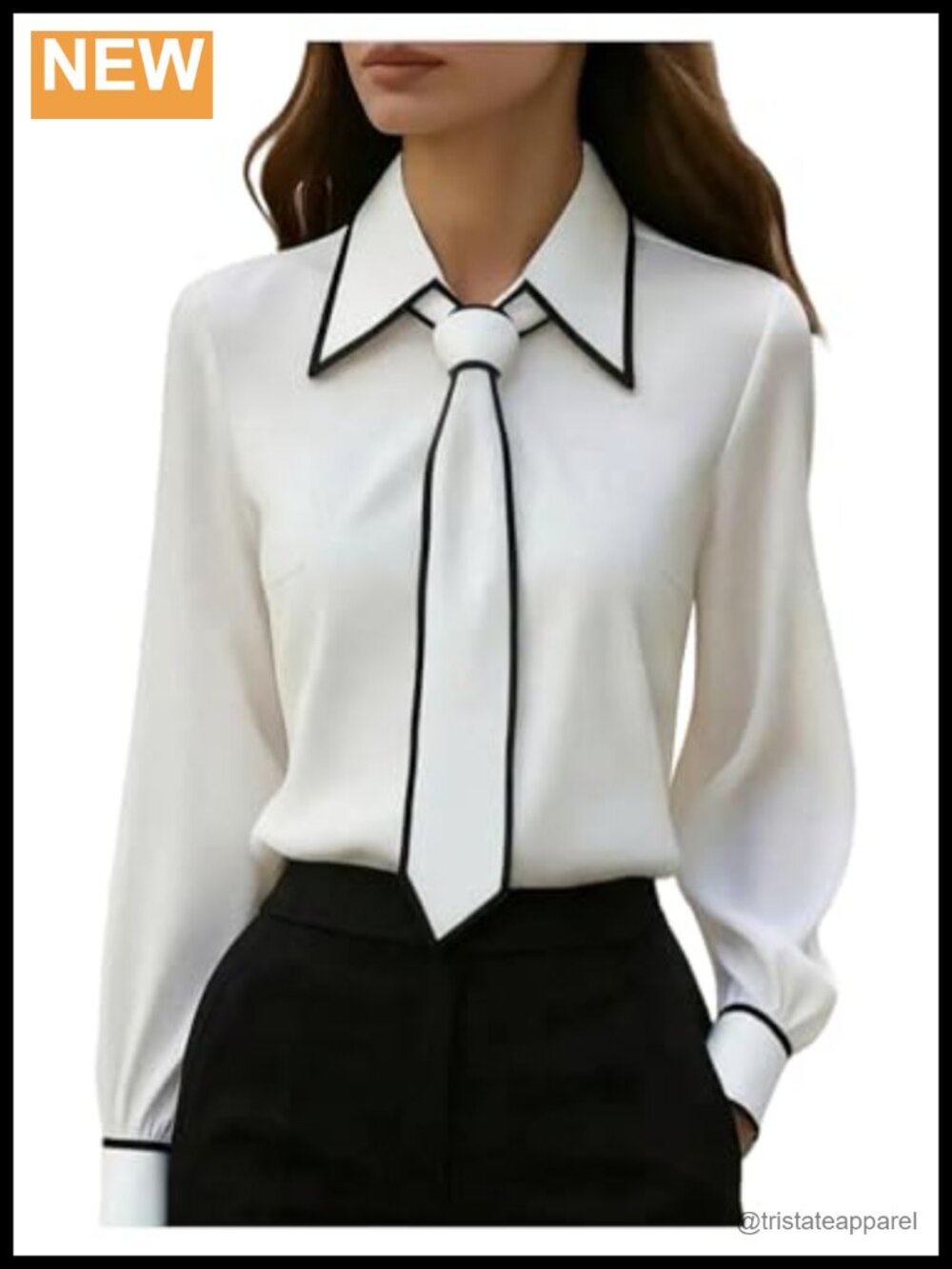 Contrast Binding Long Sleeve Button Down Blouse with Tie